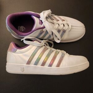 K-Swiss Varsity White Sneakers with Rainbow Accents size 7 big kid/8.5 women